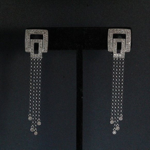 14k WHITE GOLD DIAMOND LONG DANGLE DROP TASSEL EARRINGS - Picture 2 of 13